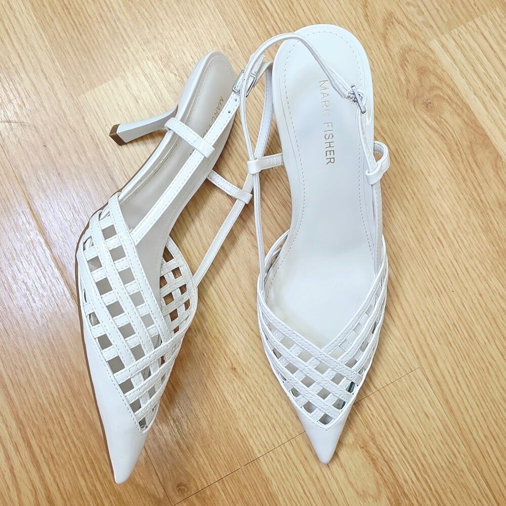 New Marc Fisher Heels 8.5M White Woven Pointed Toe Slingback Bridal Wedding - Picture 10 of 16